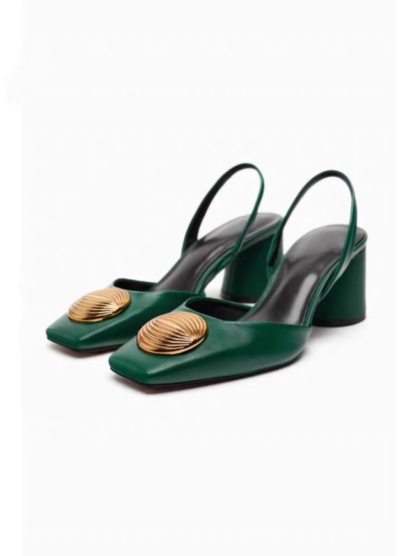 Spanish 2025 Autumn New Women's Shoes Decorated with Embellishments, Sheepskin Leather Slingback Mules, Square Toe Chunky Heel Sandals