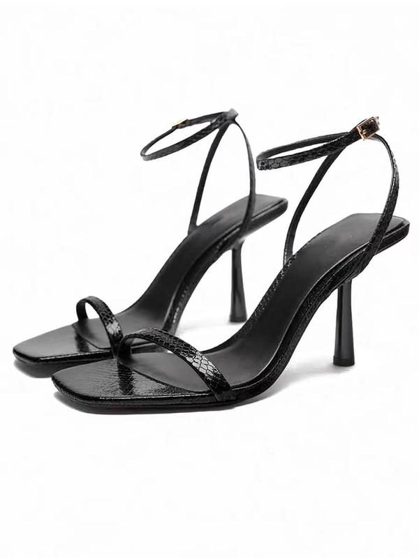 Spanish 2025 Summer New Sandals for Women, Stiletto Heel, Metallic Snake Pattern, Open Toe, Single Strap Design, Open Toe High Heels