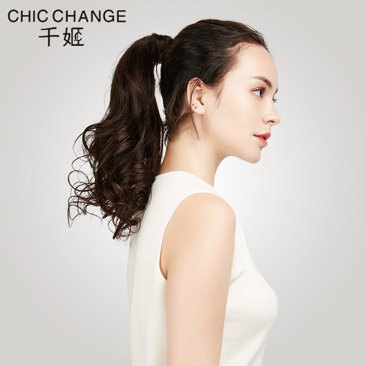 千姬真人发丝女卷马尾一片式长卷发尾假发辫子魔术贴式真发马尾辫
