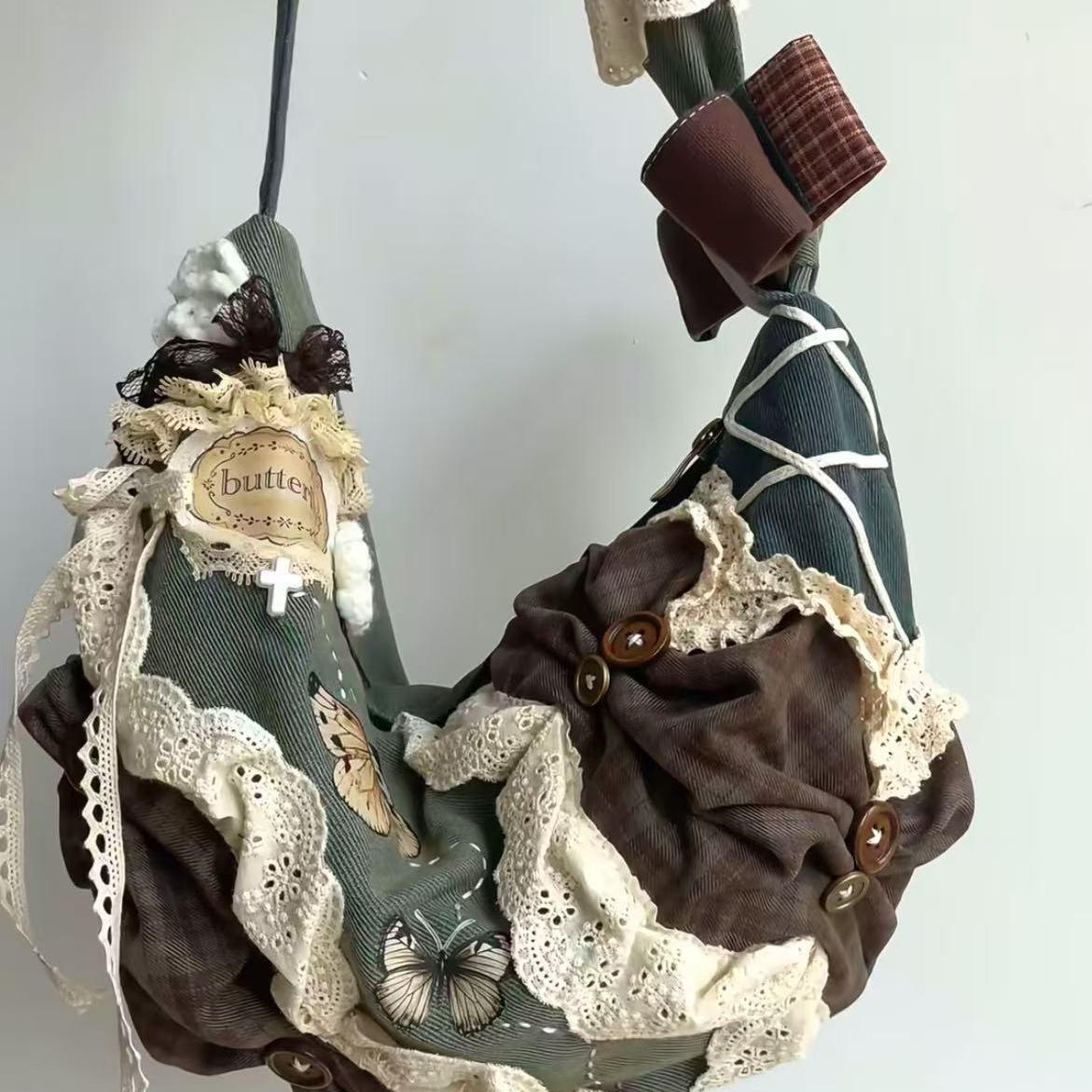 Сшитая сумка для пельменей, холщовая сумка в стиле ретро, большая вместительная сумка-тоут, кружевная лоскутная портативная сумка для поездок на работу, сумка-мессенджер на плечо