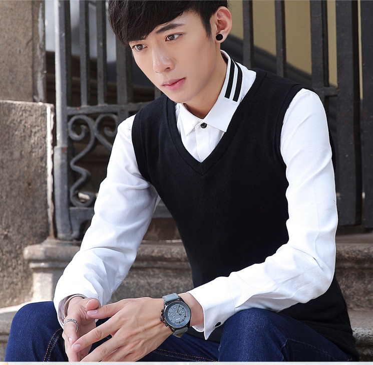 Phiên bản nam Hàn Quốc của V-cổ Slim không tay vest nam mùa thu và áo len mùa đông vest vest nam cotton len đan vest ao ba lo nam