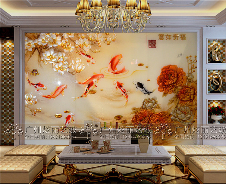 Art Glass Decoration Screen Partition 3d Solid Genguan Aisle Background Wall Frosted Sculptures Flowers Rich 9 Fish Fig.