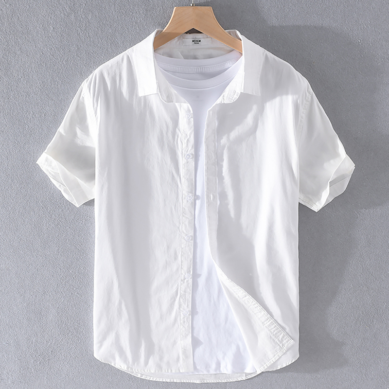 Japanese Style Pure Cotton Thin Business Short-Sleeved White Shirt Men's Summer Casual Top Turn-Down Collar Loose Half-Sleeve Work Shirt