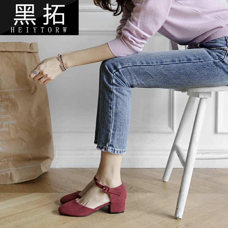 Spring new round head coarder with single shoe woman in line with the one-word button Korean version 100 hitch a student high heel summer Baotou cool