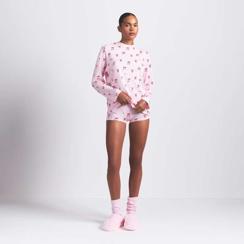 Skims Online Store Christmas New Arrivals Bow Pattern Home Long-Sleeved Shorts Loose Pajamas Fashion Set