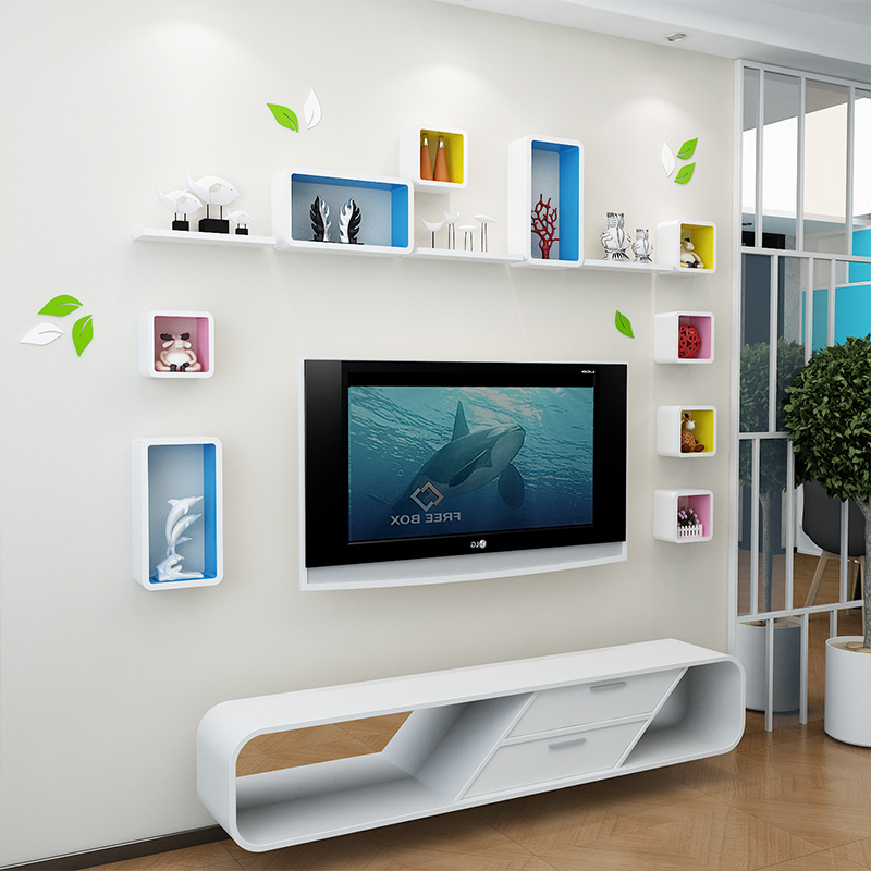 TV background wall decoration clapboard machine box rack wall hanging wall clapboard creative lattice living room wall shelf