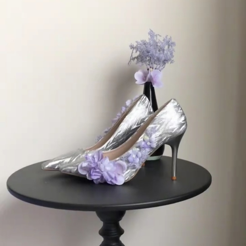 Dandan Original's "Wisteria" Silver-Purple Stiletto Heels with Raindrop Wisteria Asymmetrical High Heels