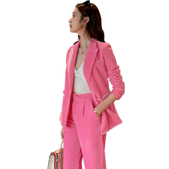 2022 autumn and winter new pink gold velvet suit age reduction waist slimming velvet suit Korean version OL suit female