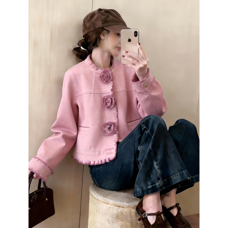 Spring Age-Reducing Long-Sleeved Pink Three-Dimensional Floral Casual Denim Jacket for Women, Short Unique and Beautiful Top