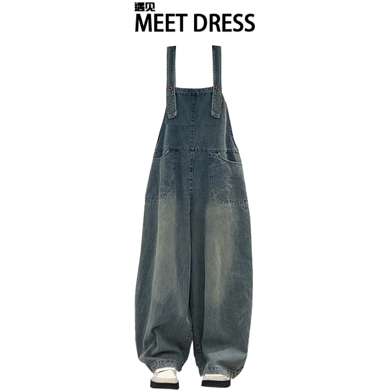 Washed Blue Age-Reducing Straight-Leg Denim Overalls for Women, Trendy ins Drapey Loose High-Waisted Wide-Leg Jeans