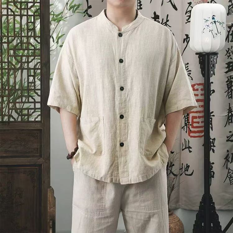 Casual Men's Shirt with Chinese Style Stand Collar, Short Sleeves, Made of Cotton and Ramie, Skin-Friendly, Loose, Breathable, and Casual Cardigan Shirt