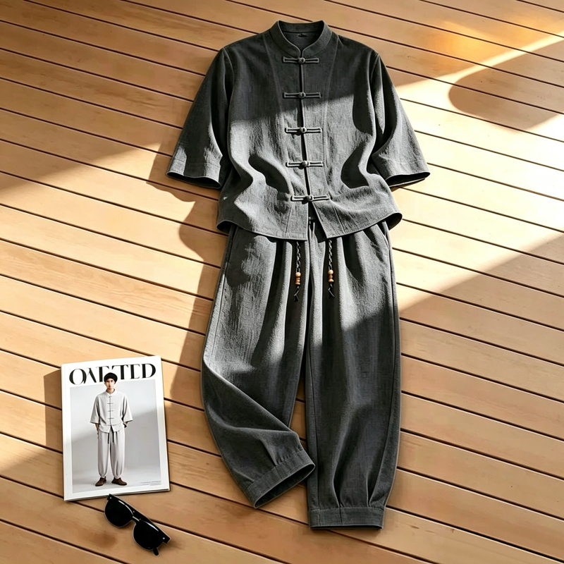 Retro Chinese Style Tang Suit Two-Piece Set for Men, New Summer Three-Quarter Sleeve Shirt, Loose Wide-Leg Pants, Buttoned Suit Retro Chinese Style Tang Suit Two-Piece Set for Men, New Summer Three-Quarter Sleeve Shirt, Loose Wide-Leg Pants, Buttoned Suit