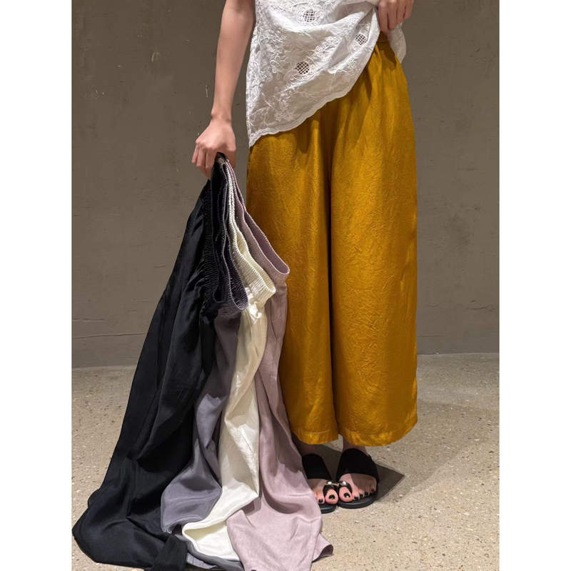 100% Acetate Cropped Wide-Leg Pants for Women, 2026 Summer New Style, Lazy Style, Petite, Ice Silk Casual Curved Pants, Thin