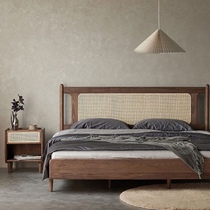 North American black walnut solid wood bed rattan bed retro single double bed master bedroom furniture wedding bed large bed