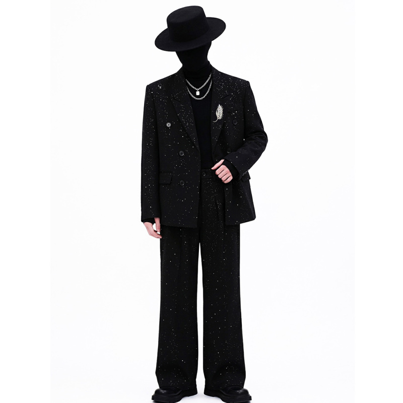 Masked Korean-Style Black Star-Patterned Suit Set for Men, Spring and Autumn, High-End Feel, Shoulder-Padded Double-Breasted Suit Jacket