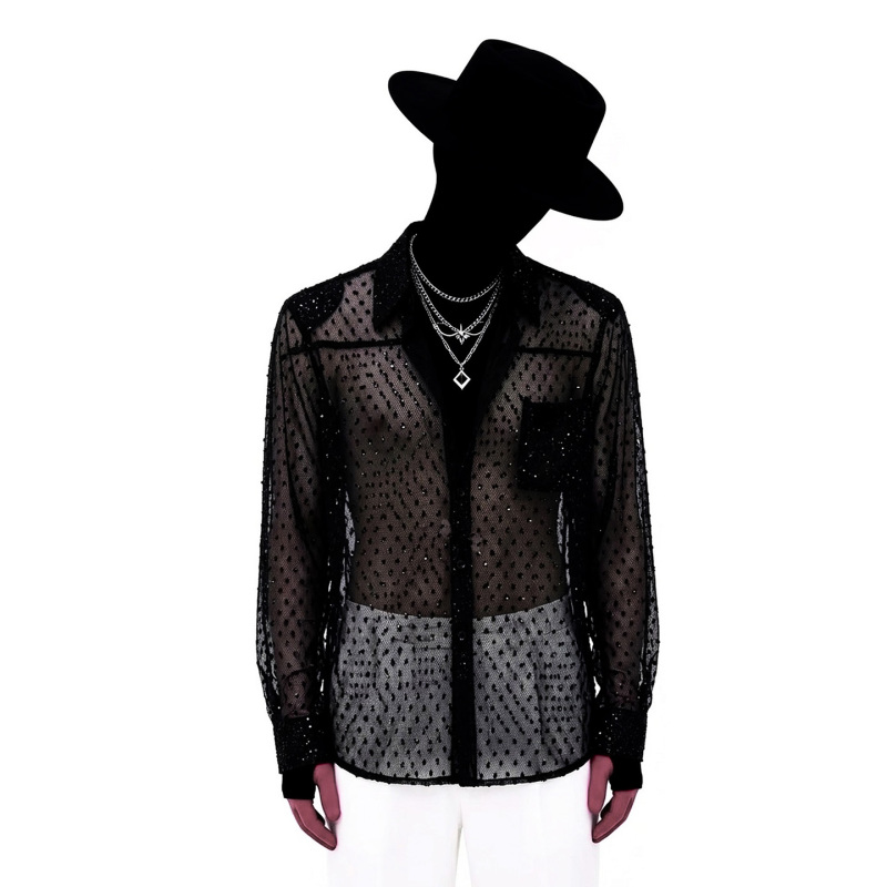 Masked See-Through Mesh Long-Sleeved Shoulder-Padded Shirt for Men, Nightclub Style, Thin, Breathable, Niche Design, Sun Protection Shirt
