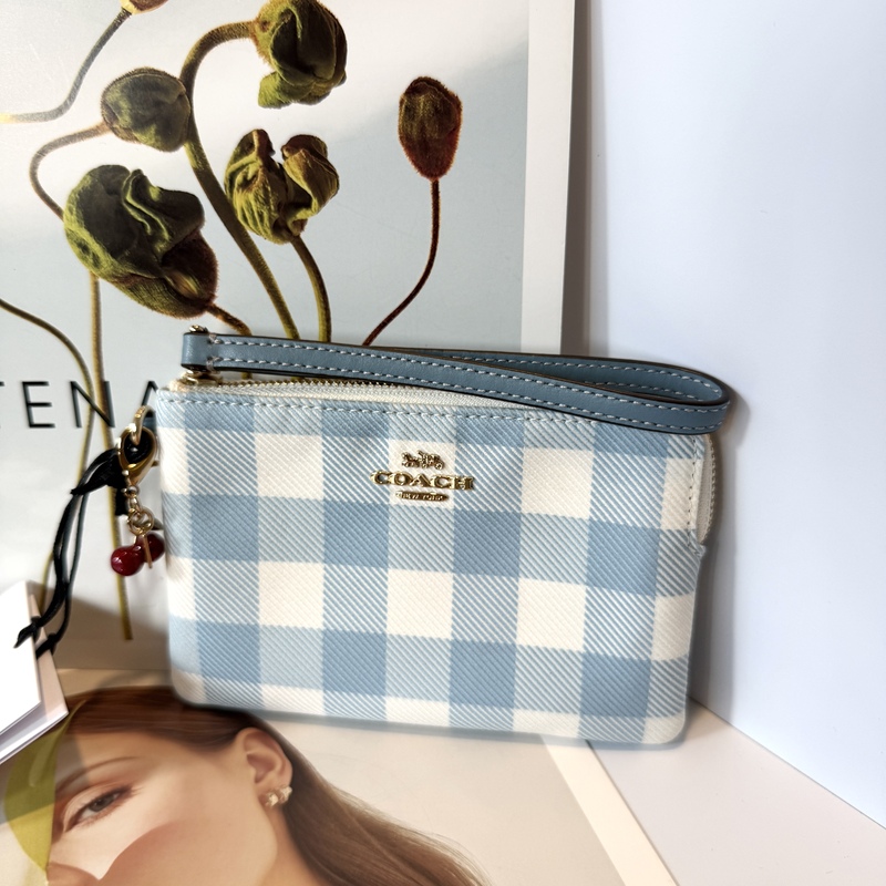 Coach 2026 New Ganni Women's Classic Plaid Small Clutch Wallet with Cherry Pendant Gift