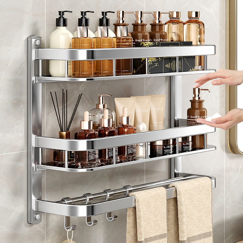 Bathroom Towel Rack and Storage Shelf Integrated, No-Drill Stainless Steel Wall-Mounted Organizer for Bathroom and Shower Room Bathroom Towel Rack and Storage Shelf Integrated, No-Drill Stainless Steel Wall-Mounted Organizer for Bathroom and Shower Room