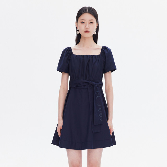 Floating bud puff sleeves square neck dress summer new style temperament strapped A-line skirt shirt dress