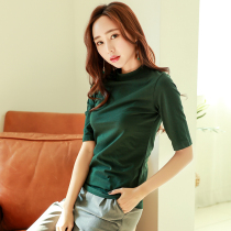 Dark green half turtleneck qi fen xiu base shirt spring and autumn cultivation 2021 nian new sleeve t shirt ladies blouse Cotton
