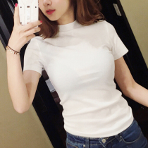 Semi-high neck white T-shirt women short sleeve slim cotton mid-sleeve base shirt summer small high collar skinny top thin
