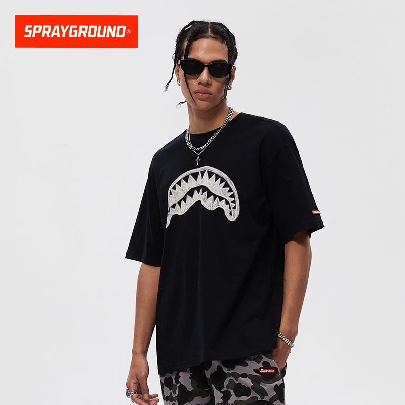 Sprayground Shark Mouth Graffiti Short Sleeve T-Shirt for Men and Women Summer American Street Fashion Brand Couple Half-Sleeve T-Shirt