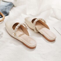 2021 summer new net red heel-free lazy shoes square head flat Mary Jane baotou half slippers for women to wear outside