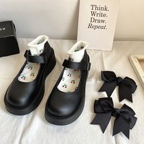 Black Mary Jane wide head flat bottom retro small leather shoes pig waist shoes bow autumn thick sole jk womens single shoes