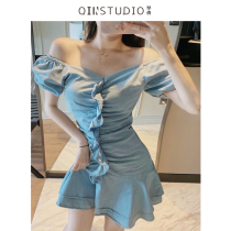 Dress design sense niche light ripe waist noble temperament sexy denim skirt ruffles skinny fishtail skirt