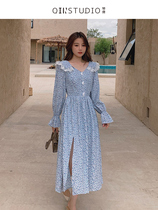 Can salt sweet tea break skirt female French blue long skirt waist retro split flower bubble sleeve Platycodon dress