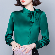 High-grade bow satin shirt women 2021 spring new long sleeve foreign-style small shirt fashion temperament Joker top