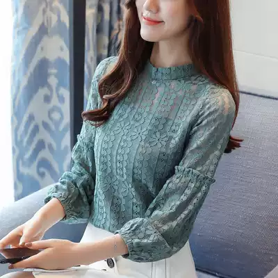 2020 autumn and winter New Korean version of long sleeve lace shirt Women's interior style plus velvet shirt net gauze belly bottoming coat