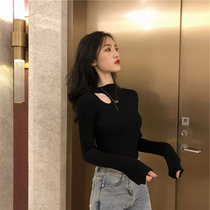 Spring and autumn black half-high collar bottom-shirt female inner lap 2022 tight long sleeve t-shirt hollowed-out of hole blouse