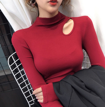 Autumn and winter sexy careful machine base shirt female 2021 foreign atmosphere with thick velvet half high collar hole long sleeve top