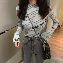 Gray collar base shirt Women in autumn and winter with 2021 new print slim figure thin letter long sleeve t-shirt shirt