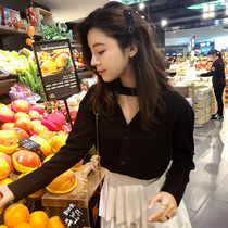 Early autumn black French V neck chiffon shirt female 2021 New neck long sleeve cardigan T-shirt heart machine base shirt top