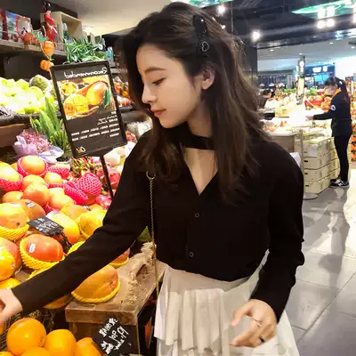 Early autumn black French V neck chiffon shirt female 2021 New hanging neck long sleeve cardigan T-shirt heart machine base shirt top