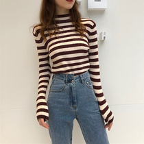 Autumn winter streaks knit cardiovert woman long sleeve 2021 new cover heads-up undershirt with fashion tight body clothing