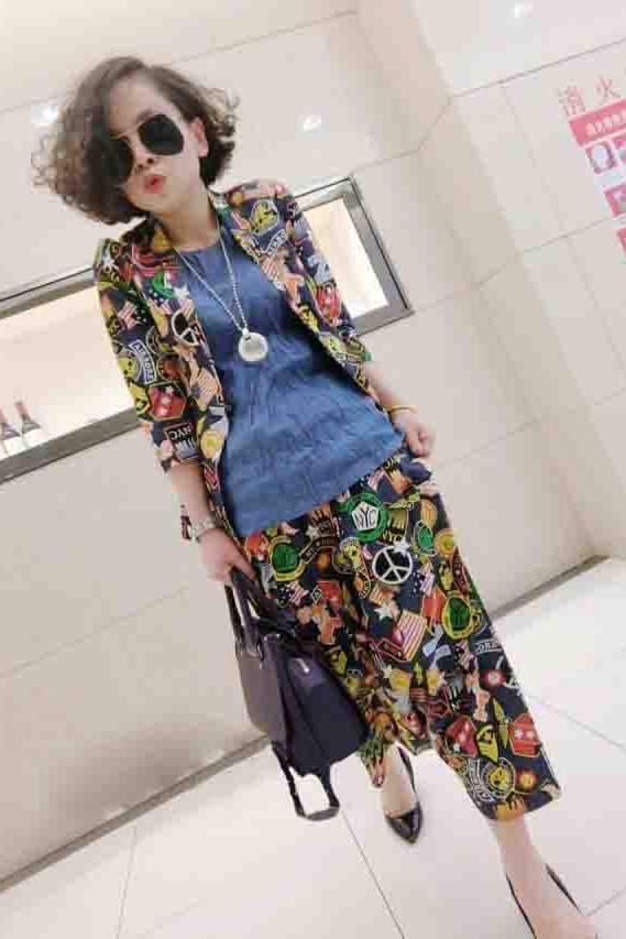 2018 hàng Châu Âu mùa thu mới denim phong cách ngắn áo khoác nữ phù hợp với kích thước lớn Harlan quần lớn bộ của phụ nữ ba bộ áo khoác vest nữ