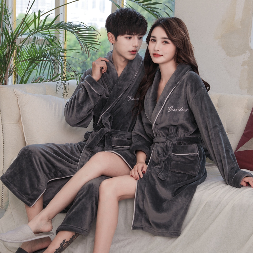 Đàn ông dày và phụ nữ flannel đồ ngủ mùa thu và mùa đông san hô lông cừu những người yêu thích áo choàng tắm dài tay áo tăng dịch vụ nhà áo choàng tắm đồ ngủ lụa