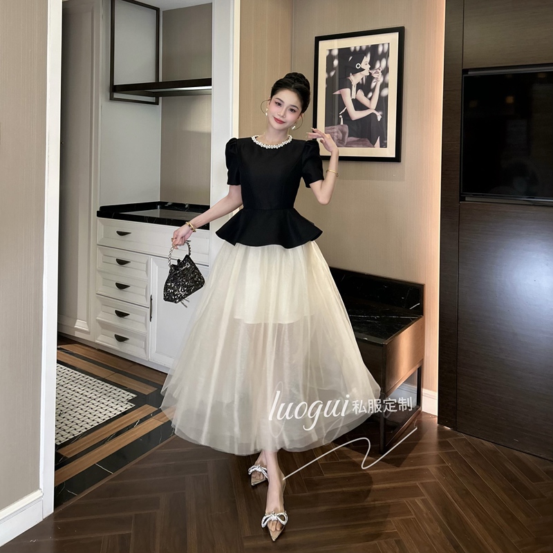 [Original by Huahua] Light Luxury Patchwork Long Dress, Niche Waist-Cinching Designer Dress with a Socialite Design Sense 9016