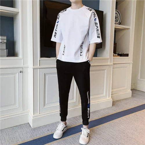 Летняя футболка с коротким рукавом, комплект, трендовая спортивная летняя одежда, штаны, сезон 2021, в корейском стиле