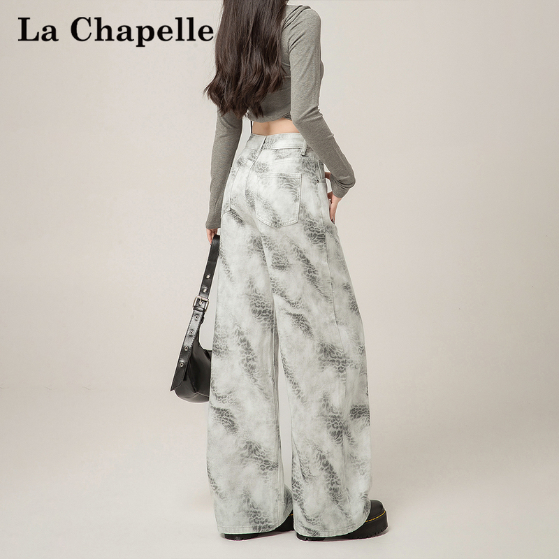 La Chapelle American Retro White Printed Wide-Leg Jeans for Women, New Spring High-Waisted Slimming Straight Pants