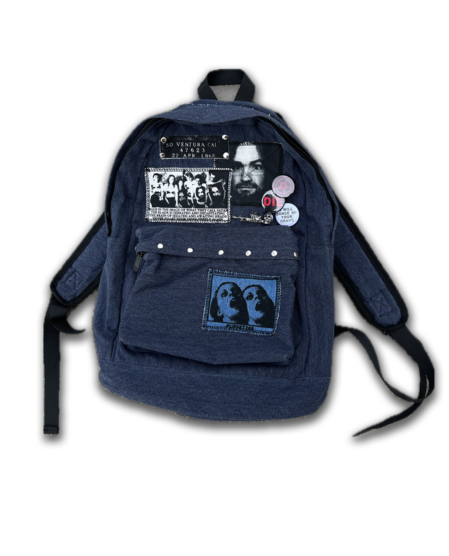 Pt269 Rock Punk Skull Dark Gothic Rivet Remake Embroidered Badge Denim Backpack School Bag
