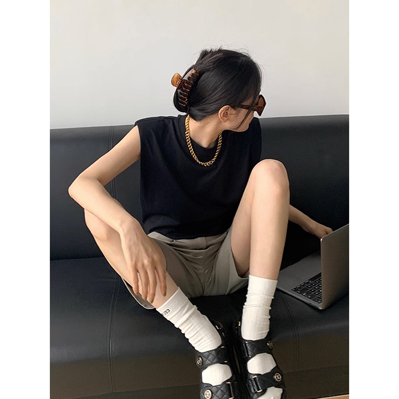 American Retro Black Short Puff Sleeve Straight Shoulder Pad T-Shirt for Women, Summer Pure Cotton Loose Sleeveless Vest Top