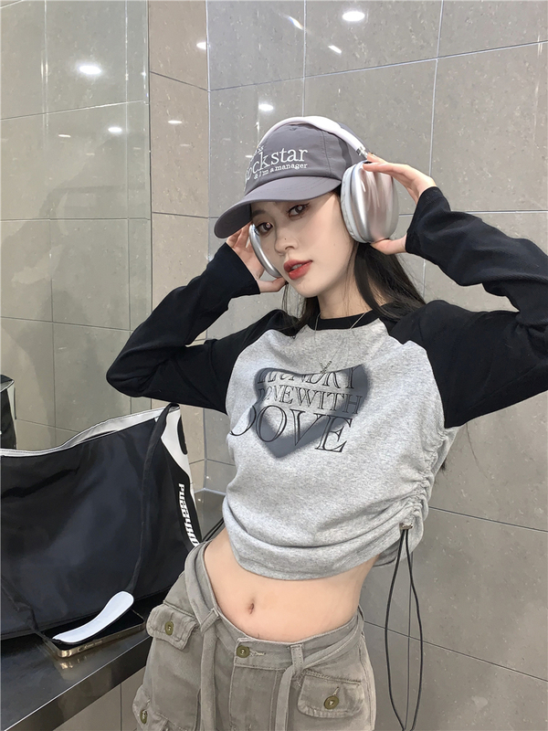 American Retro Style Raglan Long-Sleeve T-Shirt for Women, Spring and Autumn Design, Niche Drawstring Slim-Fit Short Crop Top