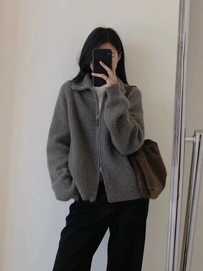 Gray Raccoon Fur Half-High Collar Stand-Up Collar Double Zipper Sweater Jacket for Women, Autumn and Winter Thickened Outerwear Knit Cardigan