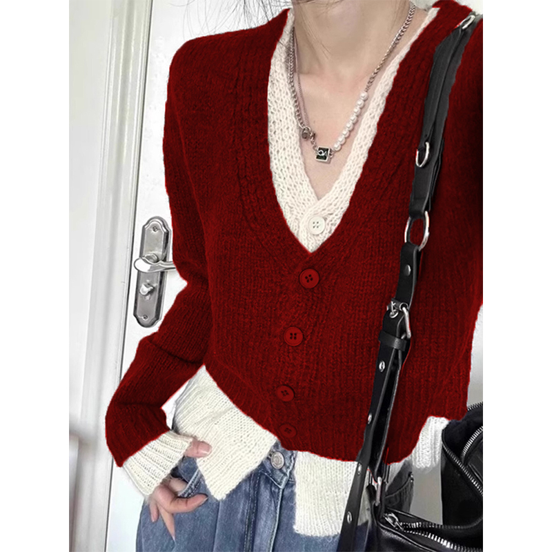 Christmas Ankora Red Sweater for Women, Autumn and Winter Holiday Two-Piece V-Neck Knitted Cardigan Jacket, New Year Inner Top Christmas Ankora Red Sweater for Women, Autumn and Winter Holiday Two-Piece V-Neck Knitted Cardigan Jacket, New Year Inner Top