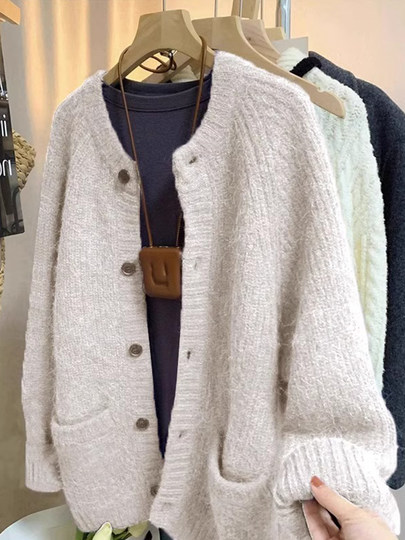 Retro Coffee-Colored Melard Sweater Jacket for Women, Loose-Fitting Knitted Cardigan, 2026 Autumn and Winter Lazy Thickeneded Top