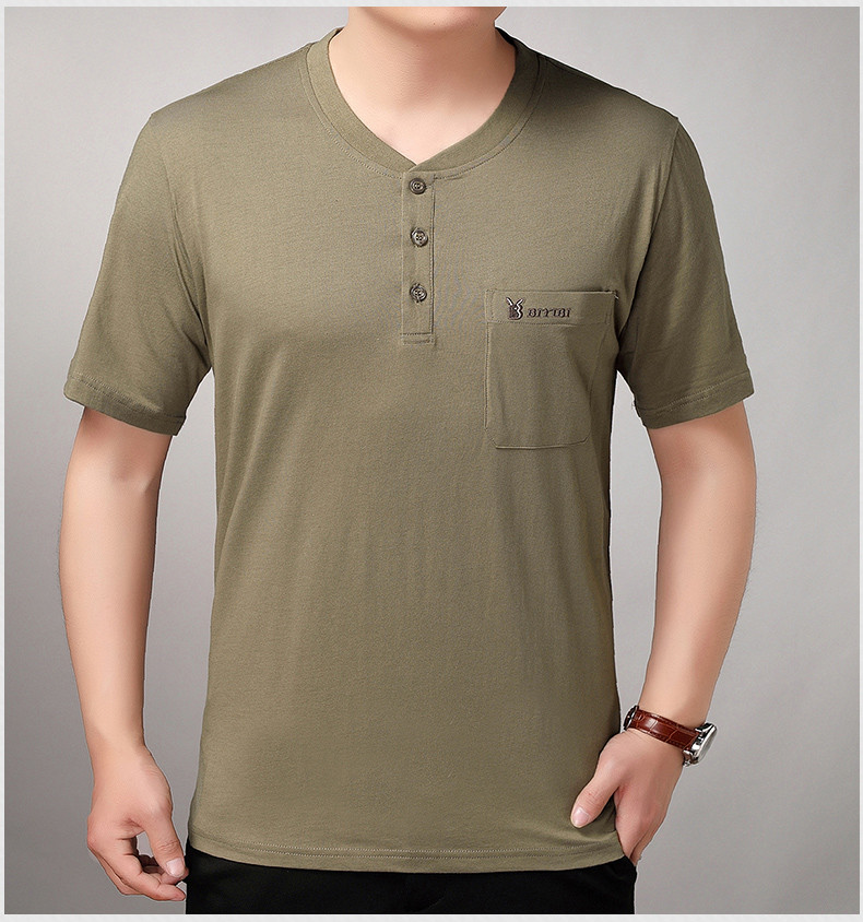 Túi trung niên nam cổ chữ V ngắn tay áo thun cotton mỏng Phần trung niên bố tải quần áo nam XL lỏng lẻo - Áo phông ngắn Áo thun nam